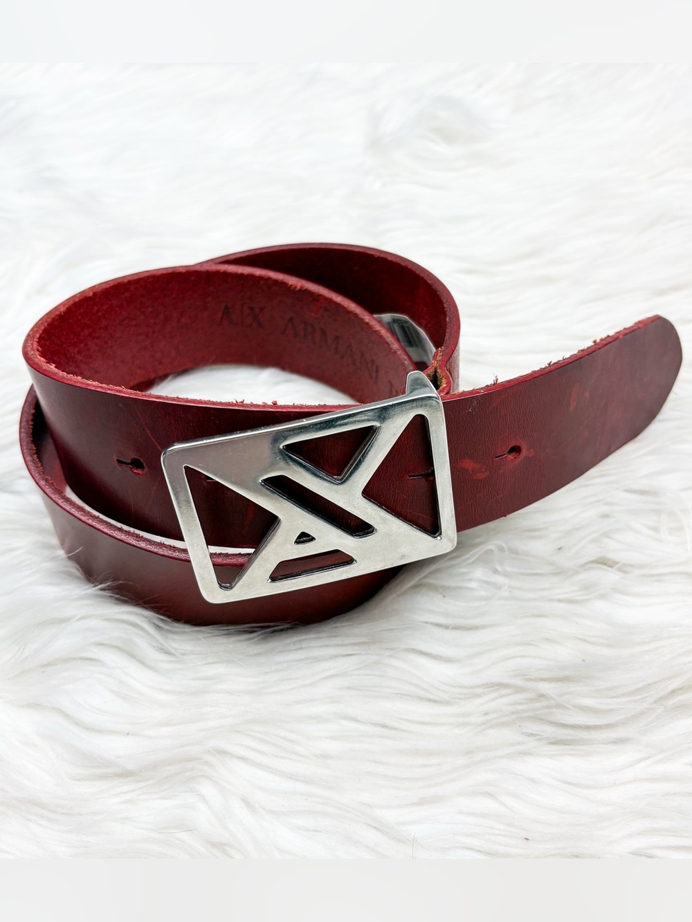 Armani Exchange Red Leather Belt Silver Logo Buckle Hardware AS IS